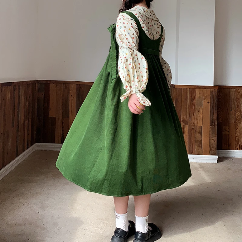 M-4XL Green Straps Dresses for Women Japanese Kawaii Schoolgirls Preppy Vintage Midi Sundress Loose All-match Faddish Spring New