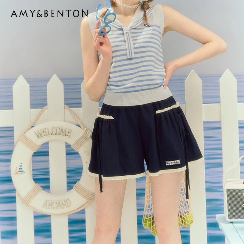 

2024 New American Retro Casual Style Summer White Striped Sleeveless Navy Collar Waist Slim Knitted Sweater Vest For Girls