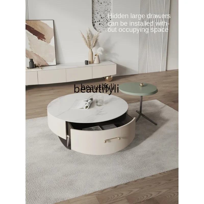 

zqLight Luxury Tea Table Combination Italian Minimalist Style Storage round Tea Table Cream Furniture