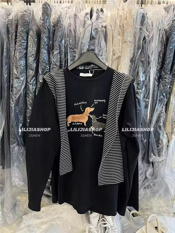 

plus Size 300 Pou Autumn Loose Slimming Dog Print Long Sve T-irt Striped oulder Wrap Women Fat MM Korean Sle T-irt