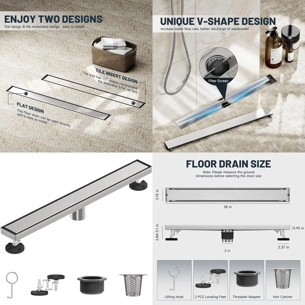 

24 Rectangular Shower Drain with Tile Insert, 304 Stainless Steel, Brushed Nickel Finish, Hair Strainer Included