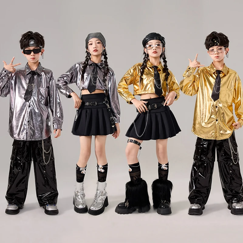 Children Jazz Dance Stage Outfit Boys Street Dance Costume Fashion Kpop Hip Hop Set Silver Golden Shirt Black Pants Skirt 1277