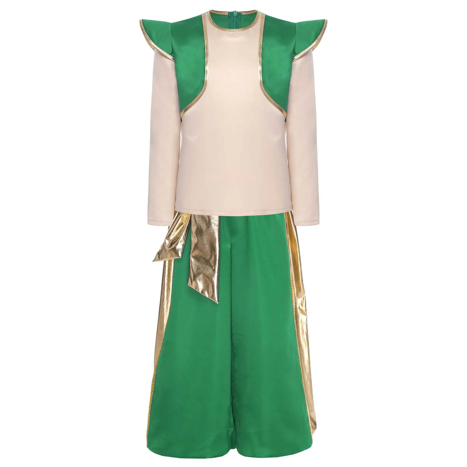 

Boy Arabian Prince Aladin Mythical Lamp Elf Cosplay Costume Halloween Carnival Dress Up Metallic Shiny Top with Belt Harem Pants