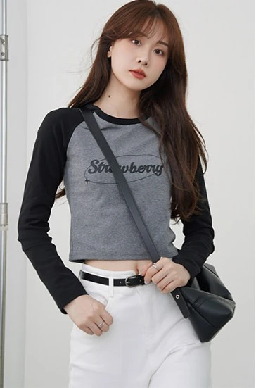 Women Print Raglan Long Sleeve T Shirt Spring Petite Slim Fit Versatile Crew Neck Cropped Top Lady Elegant Chic Casual Outfit
