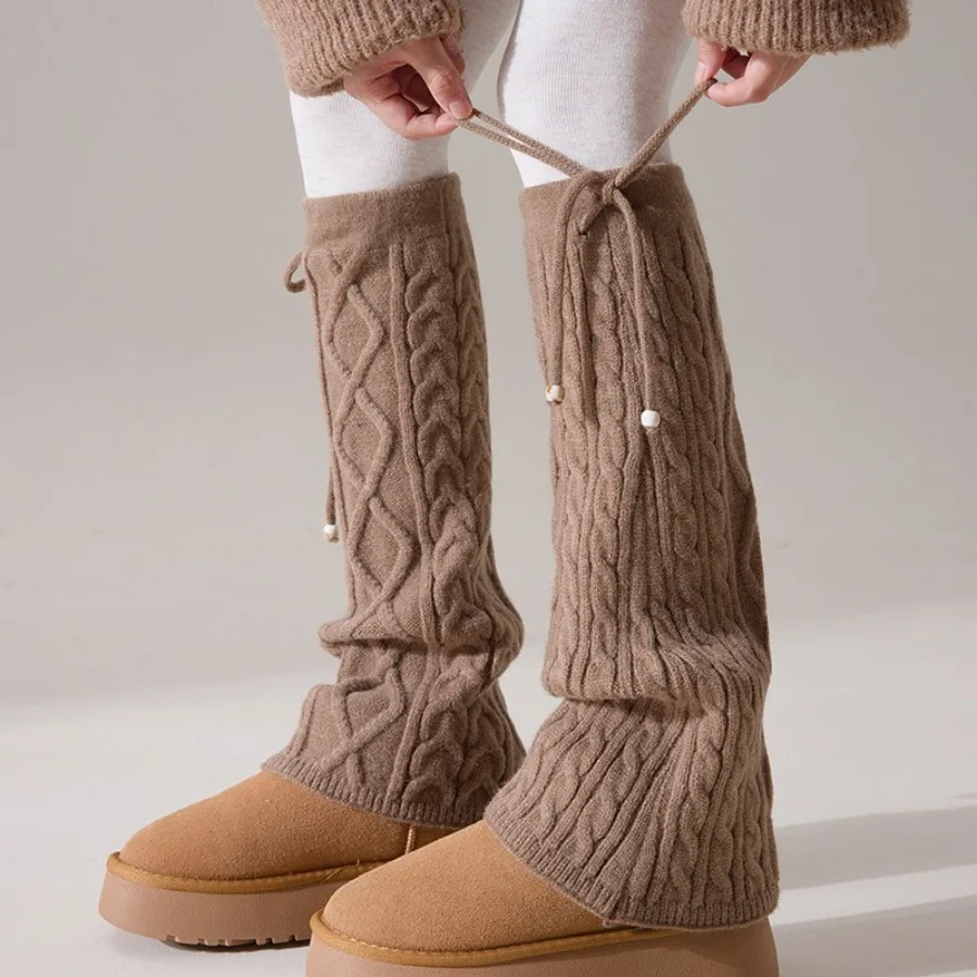 

New Women's Knitted Wool Leg Warmers Thick Cable and Diamond Pattern Drawstring Tie Wide Leg Boot Socks for Autumn Winter Warmth