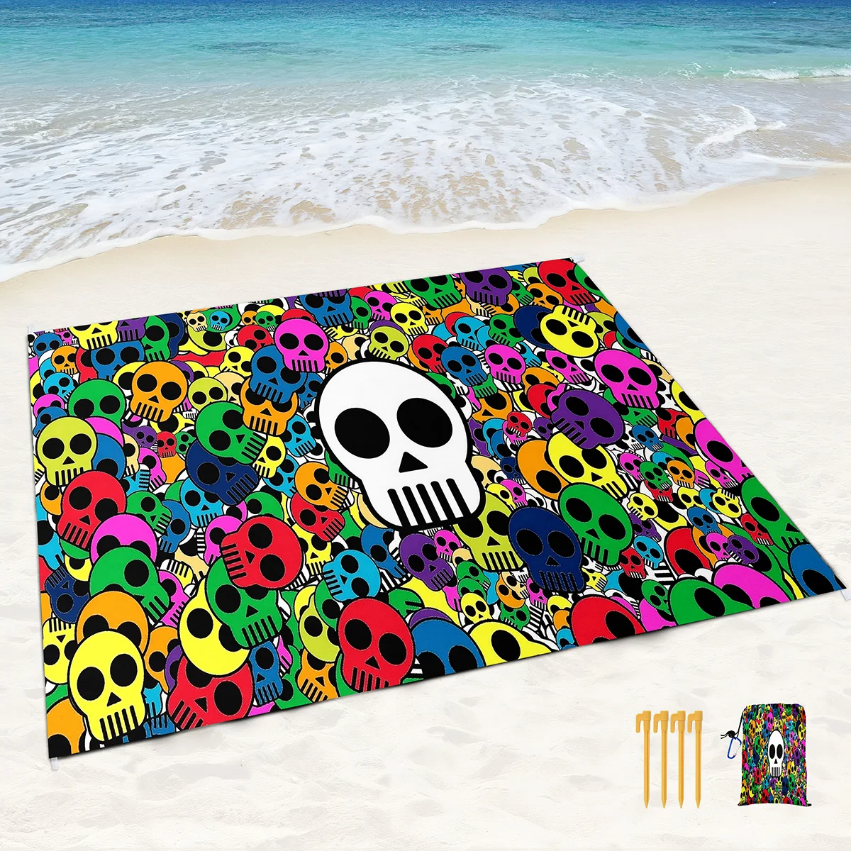 Skull Print Beach Blanket Sandproof Beach Mat Waterproof Quick Drying Carpet Made by Polyester with 4 Stakes & 4 Corner Pockets