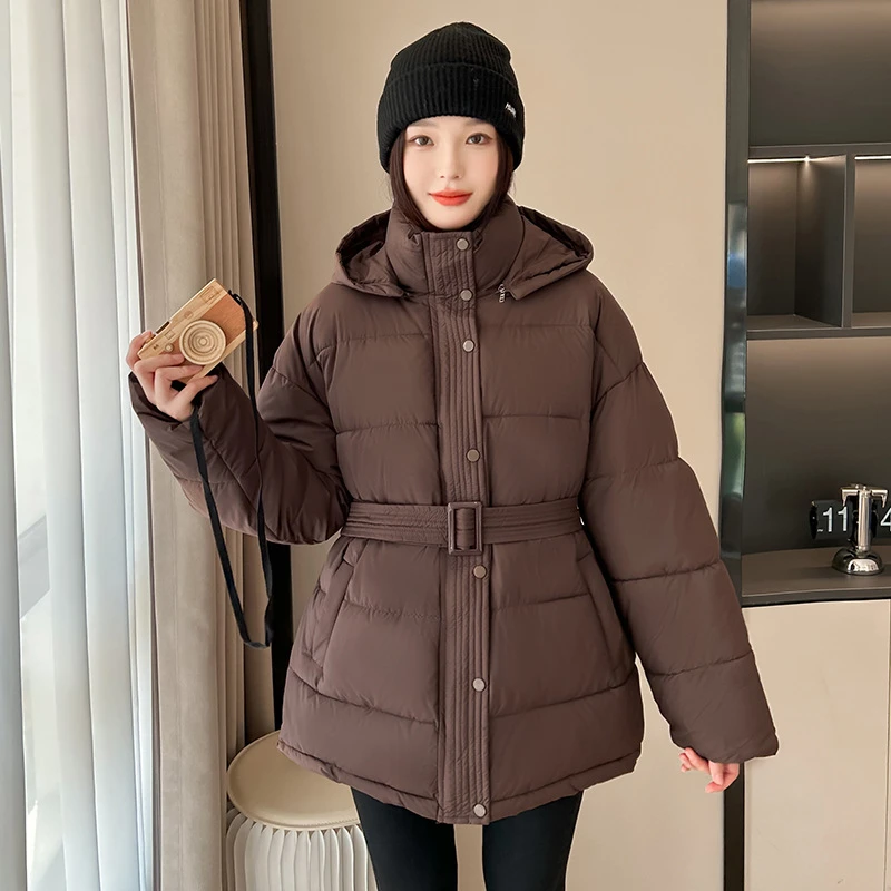 Grube, ciepłe zimowe kurtki puchowe damskie, dopasowany krój, pasek, koreański styl, luźne, odpinany kaptur, ocieplane bawełną kurtki puchowe, casualowe, nowość 2025