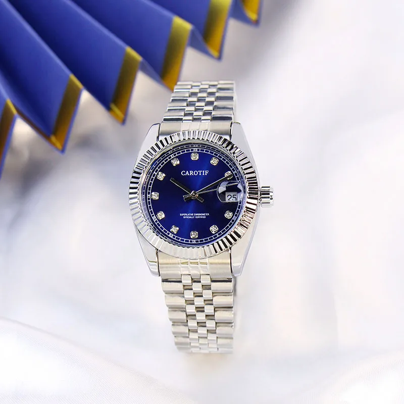 

Женские серебряные стальные ремешки, модные трендовые автоматические механические часы с турбийоном и римскими цифрами