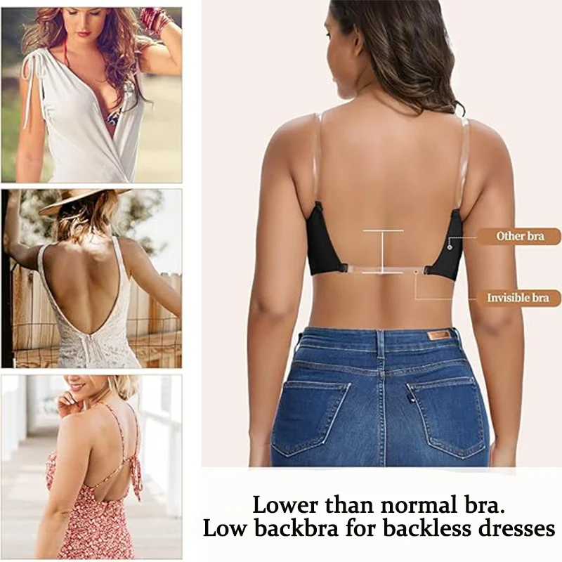 حمالة صدر نسائية عميقة على شكل حرف V ملابس داخلية مثيرة بحزام قابل للتعديل ملابس داخلية غير مرئية رافعة للصدر بدون ظهر حمالات صدر منخفضة القطع قابلة للتنفس #4
