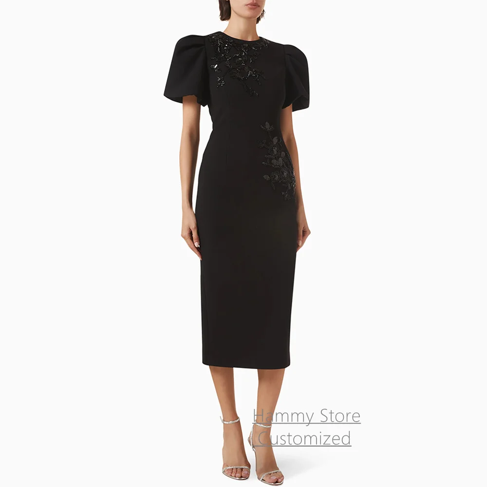 

Customized Short Party Dresses Fashion Round Neck Princess Sleeves Sequined Applique Tea Length Black Evening Dress