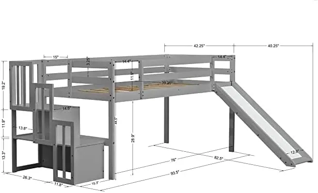 Loft Bed With Slide, Twin Loft Bed Frame With Staircase, Wooden Low Loft Beds With Two Step Stairs Storages, No Box Spring