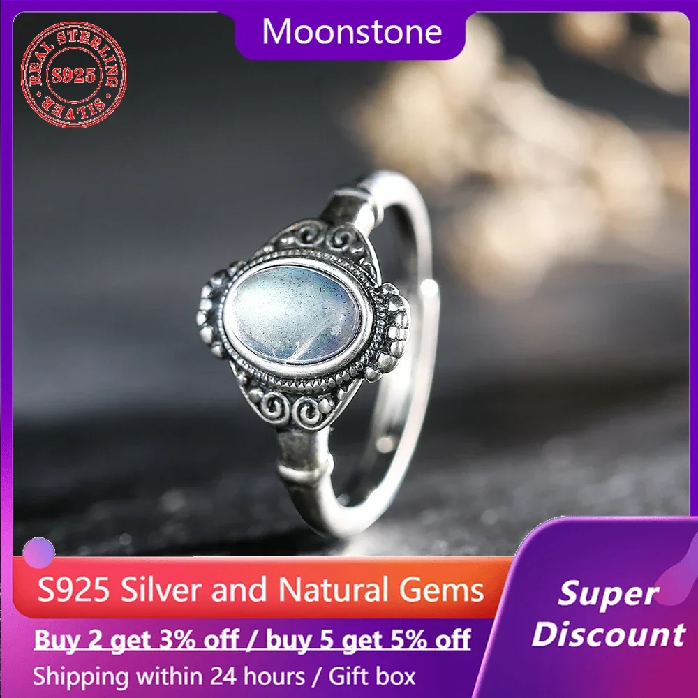 

Palace style S925 pure silver ring with natural gemstone moonstone women's ring wedding jewelry gift men's ring accessories