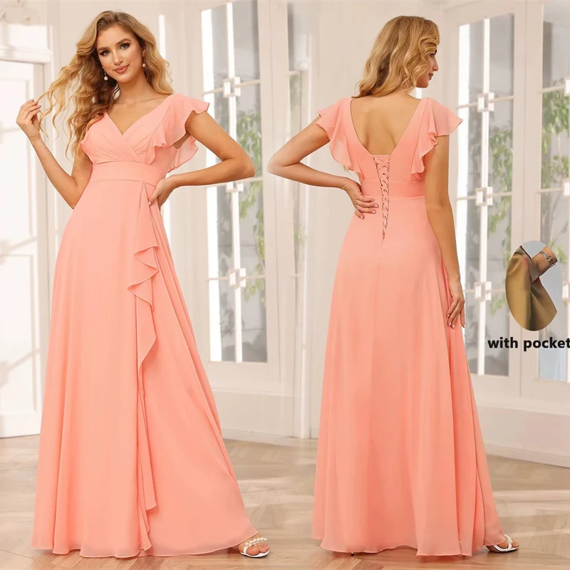 

Линия шифоновых платьев подружки невесты с открытыми плечами и разрезом со складками Элегантная свадебная вечеринка Формальный выпускной вечер на шнуровке сзади