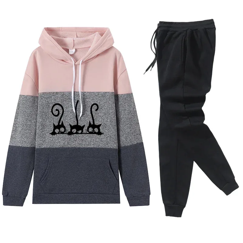 

Толстовки, костюм-толстовка, милый пуловер с принтом кота, спортивные штаны, комплект из 2 предметов, осенне-зимняя теплая одежда, женский спортивный костюм