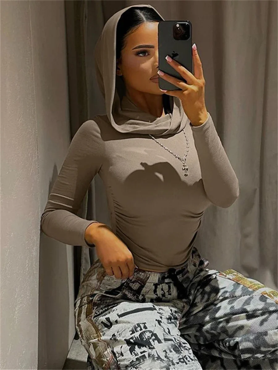 2024 New Women's Hooded Crop Tops Autumn Solid Color Long Sleeve Cowl Neck Slim Fit Short T-Shirt Streetwear Sporty Basics Tees