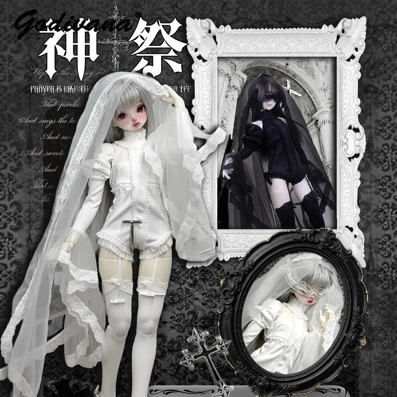 Traje de Muñeca BJD 1/4 Estilo Monja Gótica: Mono Halter con Velo de Encaje Blanco, Mangas Abullonadas con Volantes, Medias de Tul y Mangas para Brazos