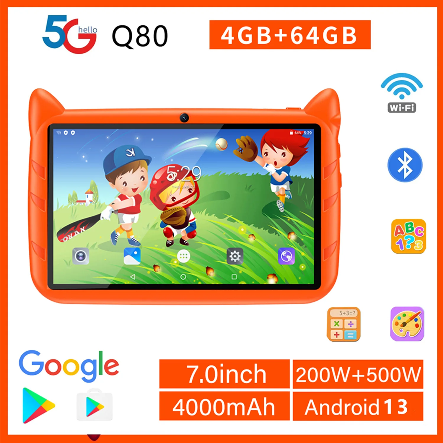 Nowy 5G WiFi Kids Tablet 7 Inch Quad Core 4GB RAM 64GB ROM Android 13 Google Learning Education Games Tablets Bluetooth