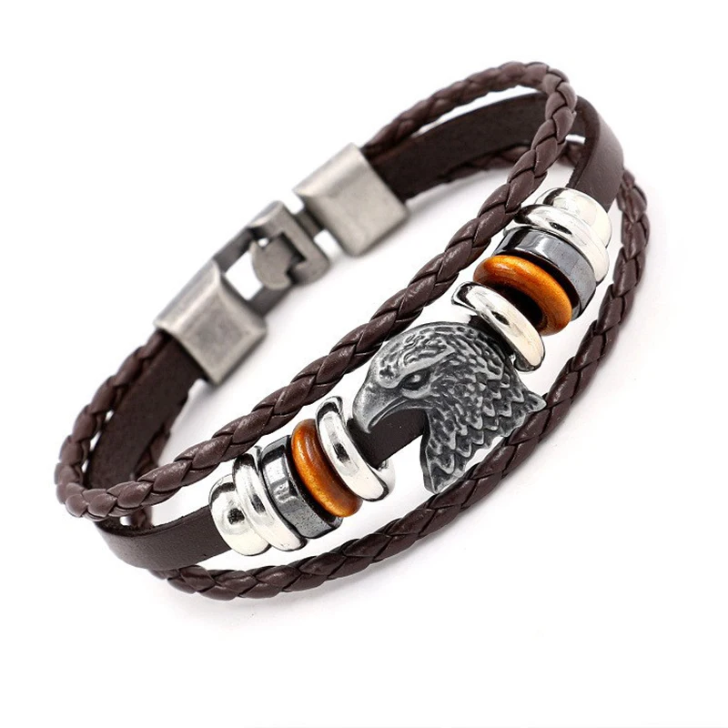 Alloy Eagle Head Design Multilayer Handmade Wove Leather Bracelet Vintage Men Casual Fashion Hand Chian Jewelry Accessory Gift