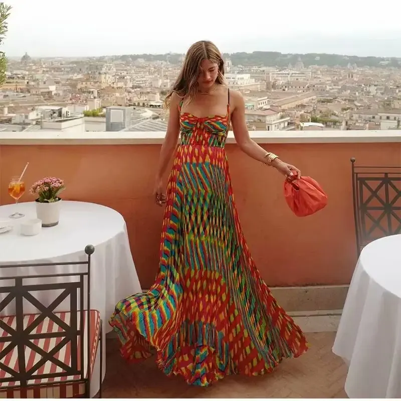 

2025 Summer New Women's Fashion Casual Sexy V-neck Sling Elegant Temperament Printed Dress Ladies