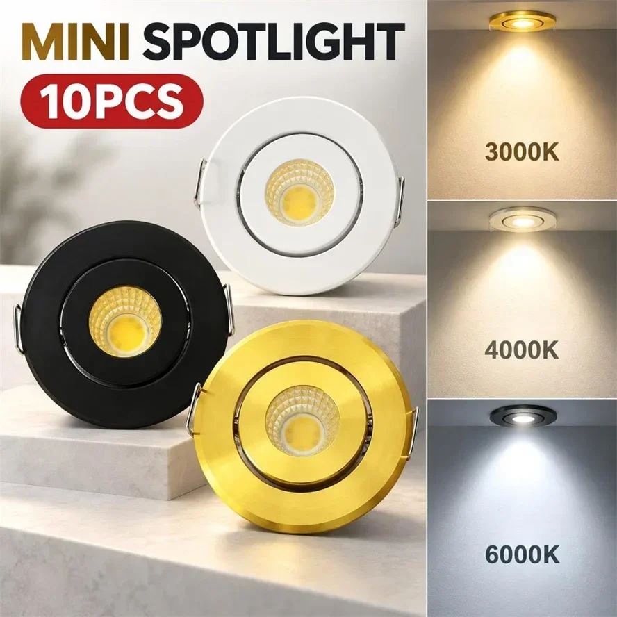 10-1PCS 12V Mini COB LED Downlight Ceiling Light Warm White Natural White Cold White  Adjustable Drive Free Down Lights Embedded