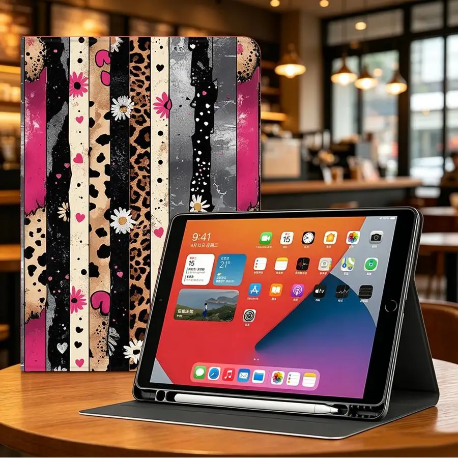 Floral Stripe Leopard With Pencil Holder Case for Apple iPad Pro11 13 Air 11 13 M4 M3 M2 A16 2026 10th 7/8/9th Air 4/5/6th
