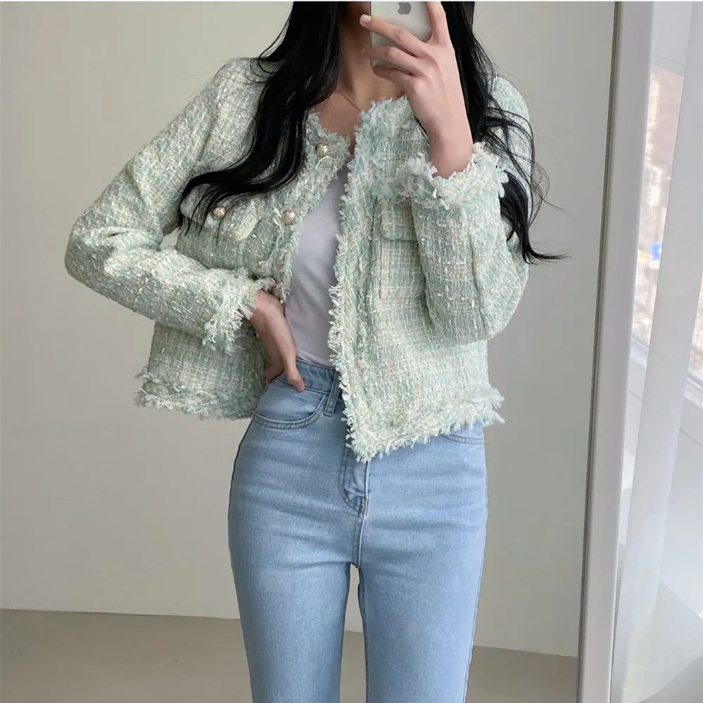 

Western style fringed small fragrant round neck cardigan jacket for women, 2024 autumn new Korean version coarse tweed short top