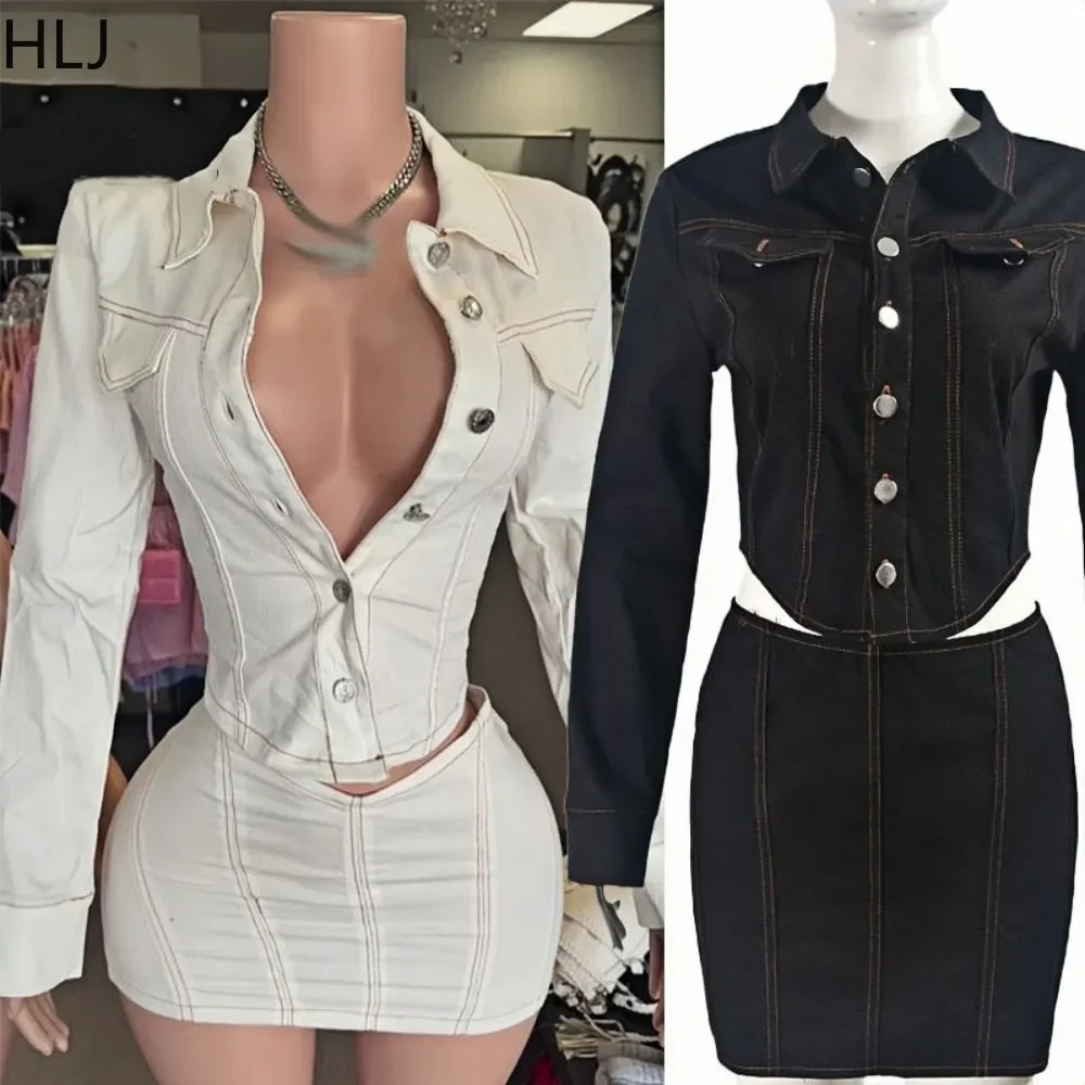 

HLJ Autumn New Solid Cargo Two Piece Sets For Women Turndown Collar Long Sleeve Top And Mini Skirts Outfits Female 2pcs Clothing