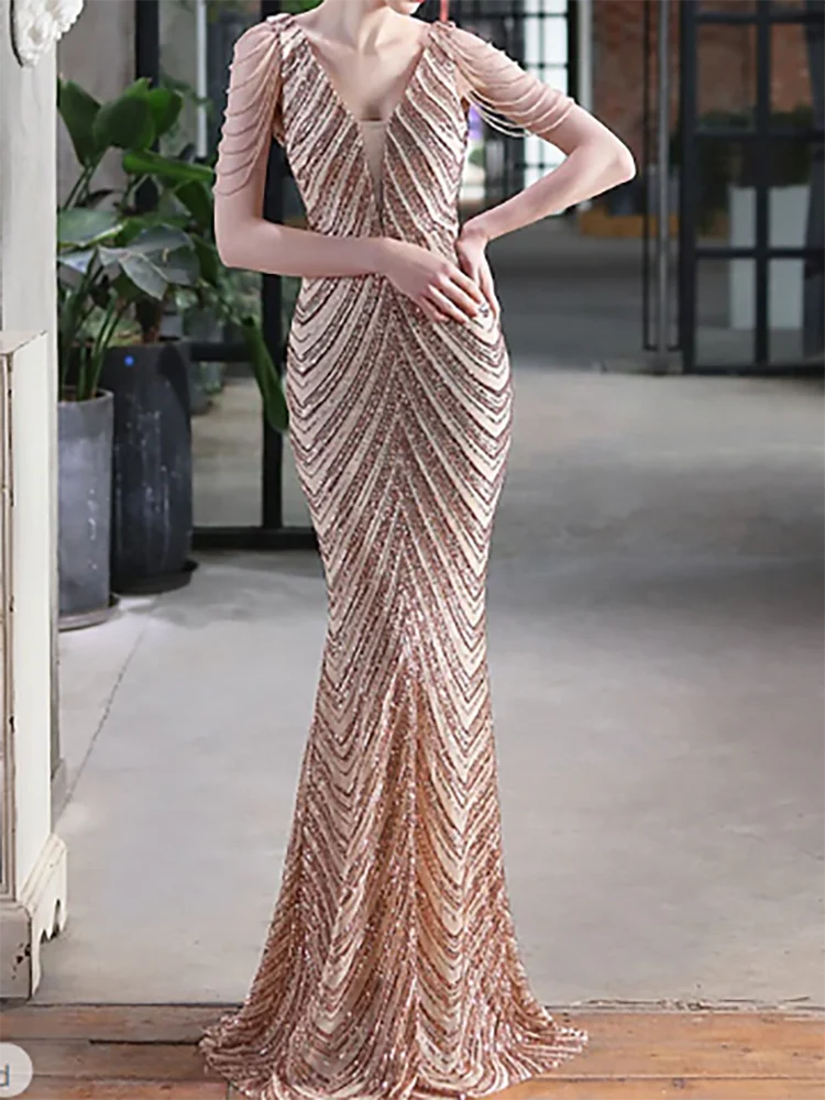 

Sexy V-Neck Sequined Beading Mermaid Evening Dresses Birthday Party Prom Gowns Customized