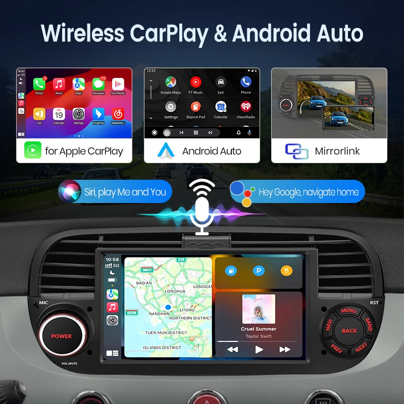 Sistema Multimedia Junsun Android para Fiat 500 500C Abarth 2007 a 2015 Pantalla Táctil CarPlay Inalámbrico Android Auto Navegación GPS Integrada Bluetooth Llamadas Manos Libres USB Wifi Radio Digital Accesorio Coche 4