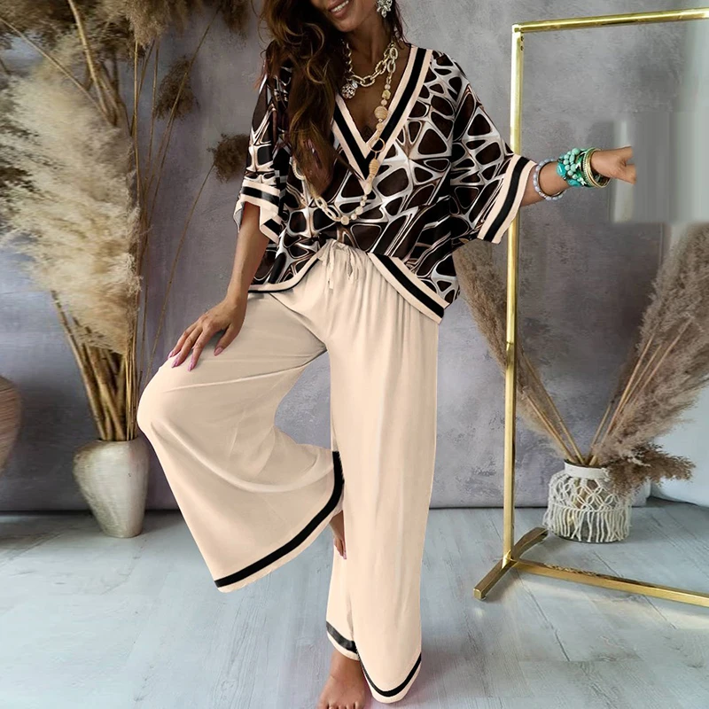 Elegant Loose Chic Print Women Sets Sexy V-Neck Batwing Sleeve Top Causal Tie-up Wide Leg Pants Fashion Temperament Commut Sets