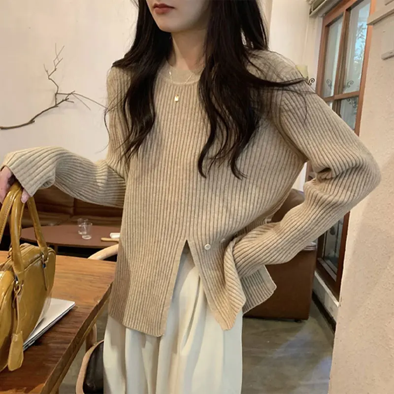 Casual O-Neck Knitted Sweaters Autumn Winter Solid Color Stylish Split Button Commute Women's Clothing Basic Long Sleeve Jumpers