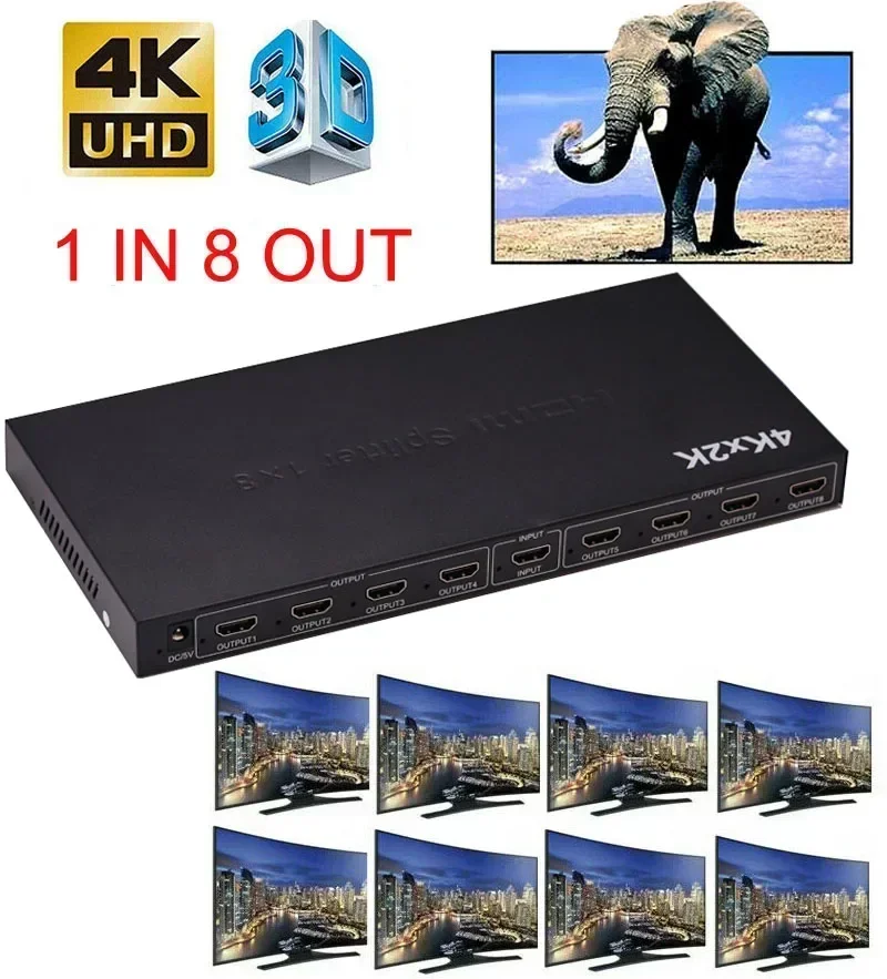 4K 1 in 8 Out 1x8 HDMI Splitter Audio Video Converter 1080P Display for PS4 XBOX DVD Laptop PC To TV Display 8 Channel Monitors