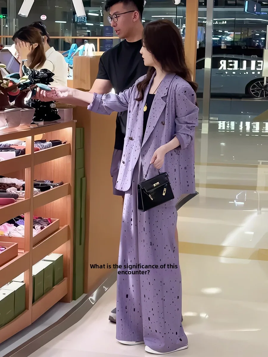 

Purple Suit Set Women's Fall New Hollow out Hole Suit Jacket Straight Leg Wide Pants Two Piece Set Fashionable Business Wear