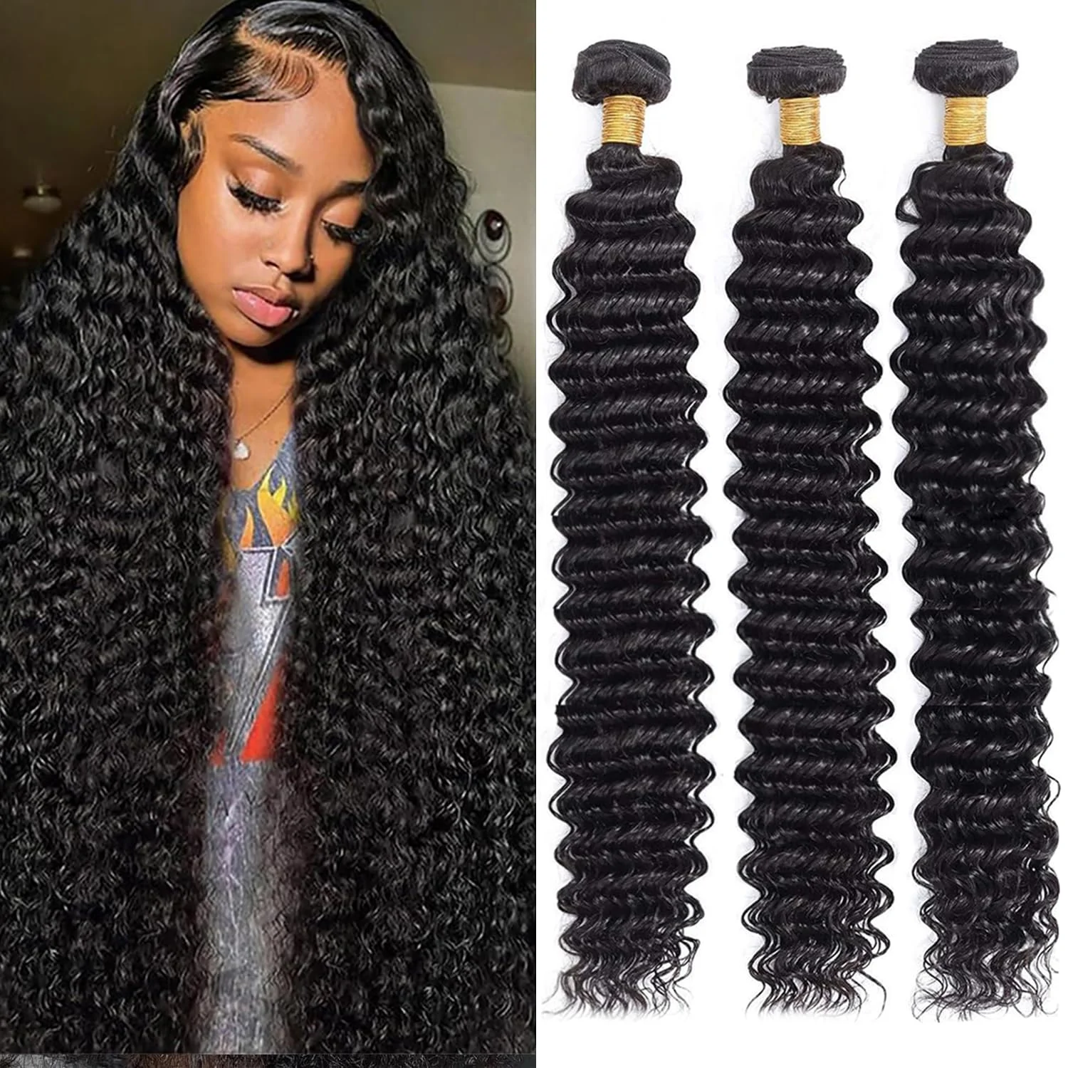 Human Hair Bundles 16 18 20 Inch Deep Wave Bundles Human Hair 12A 100% Brazilian Deep Curly Bundles Human  Hair Natural Color