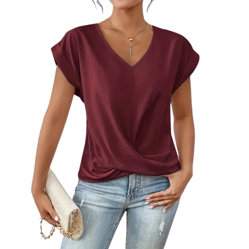 Elegante t-shirt a pieghe semplice da donna con scollo a v a maniche corte in tinta unita estate camicie Casual ogni giorno