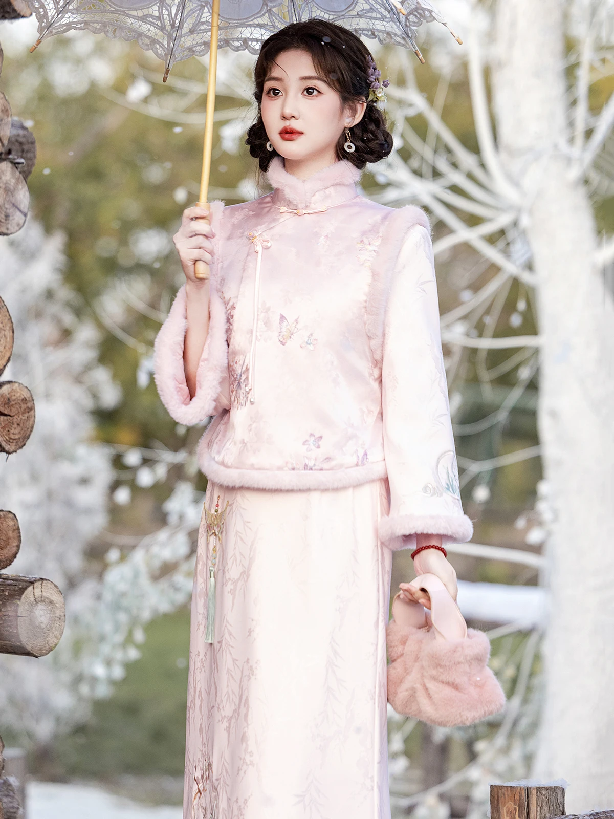 

Ele Embroidered Fce Lined Winter Tee Piece Set with Long Skirt Chinese Sle Women's Faionable Daily Wear