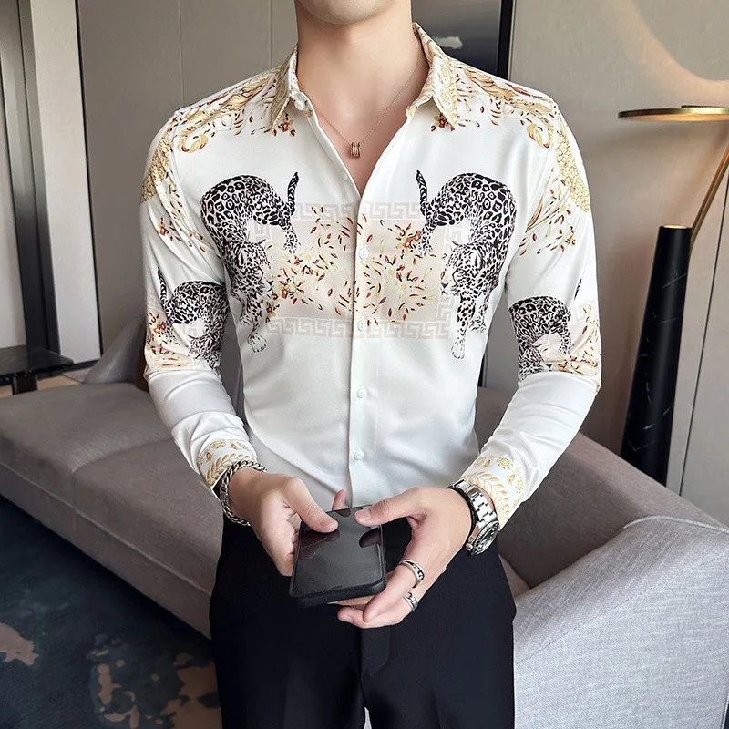 Plus Size 6XL-M Luxury Vintage Printing Brand Shirt Autumn New Fashion Long Sleeve Slim Fit Casual Business Social Party Tuxedo