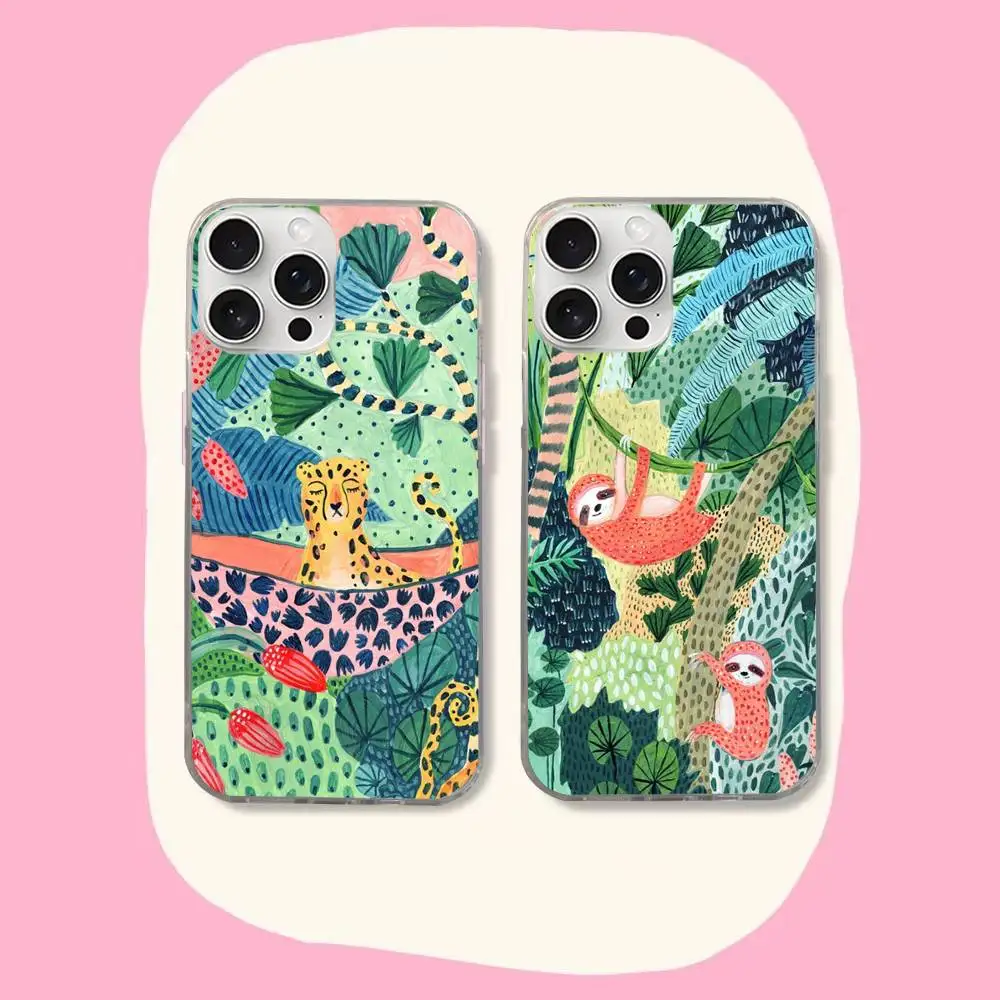 

Jungle Art illustration Snake Cats Sloth Phone Case For iPhone 16E 16 15 14 13 12 11 Pro Plus Max Laser Silver Gradient Cover