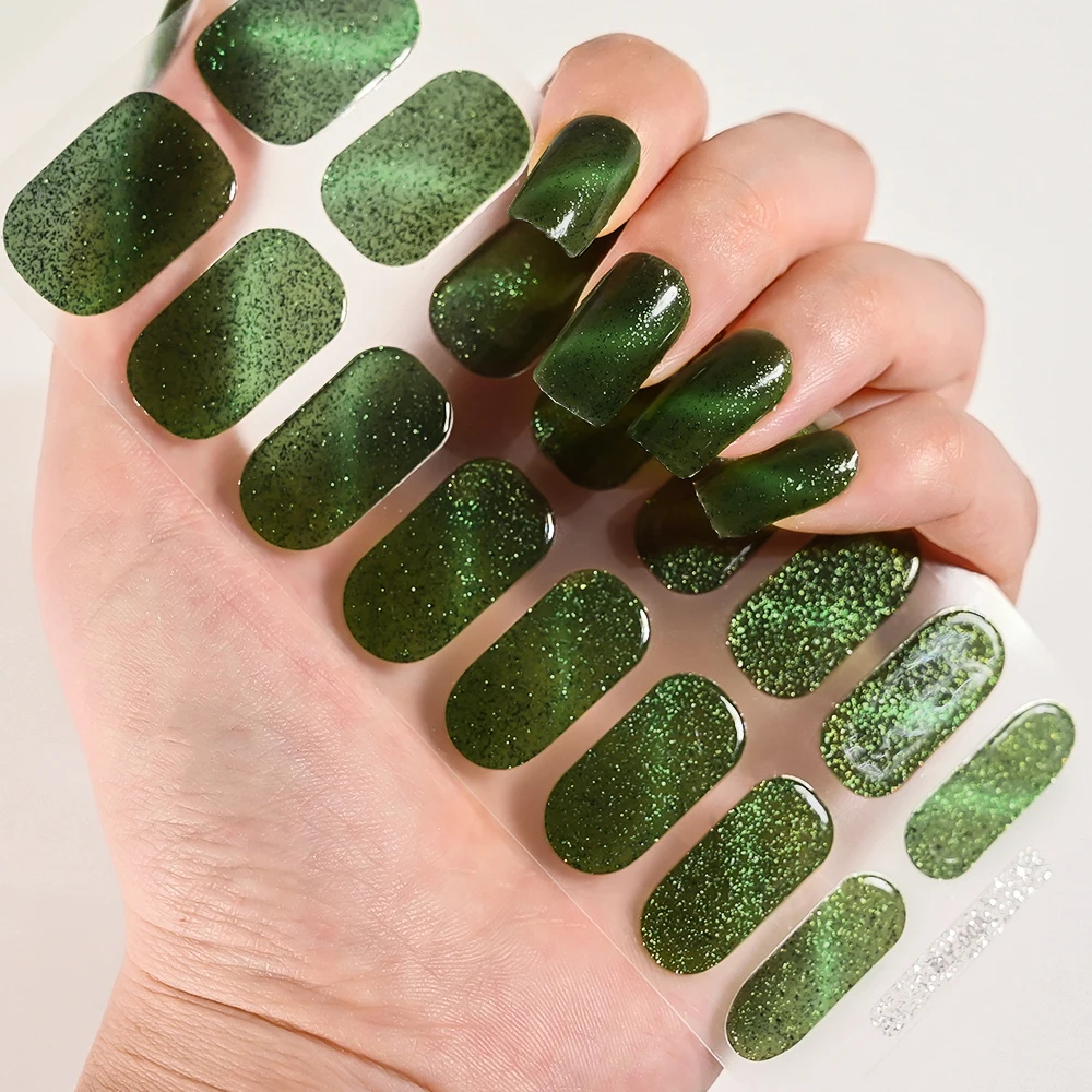 1 Vel 16 Tips Groene Semi Cure Gel Nail Strips Eenvoudige Cat Eye Glitter Gepolariseerde Volledige Nail Wrap UV lamp Vereist Nail Gel Sticker