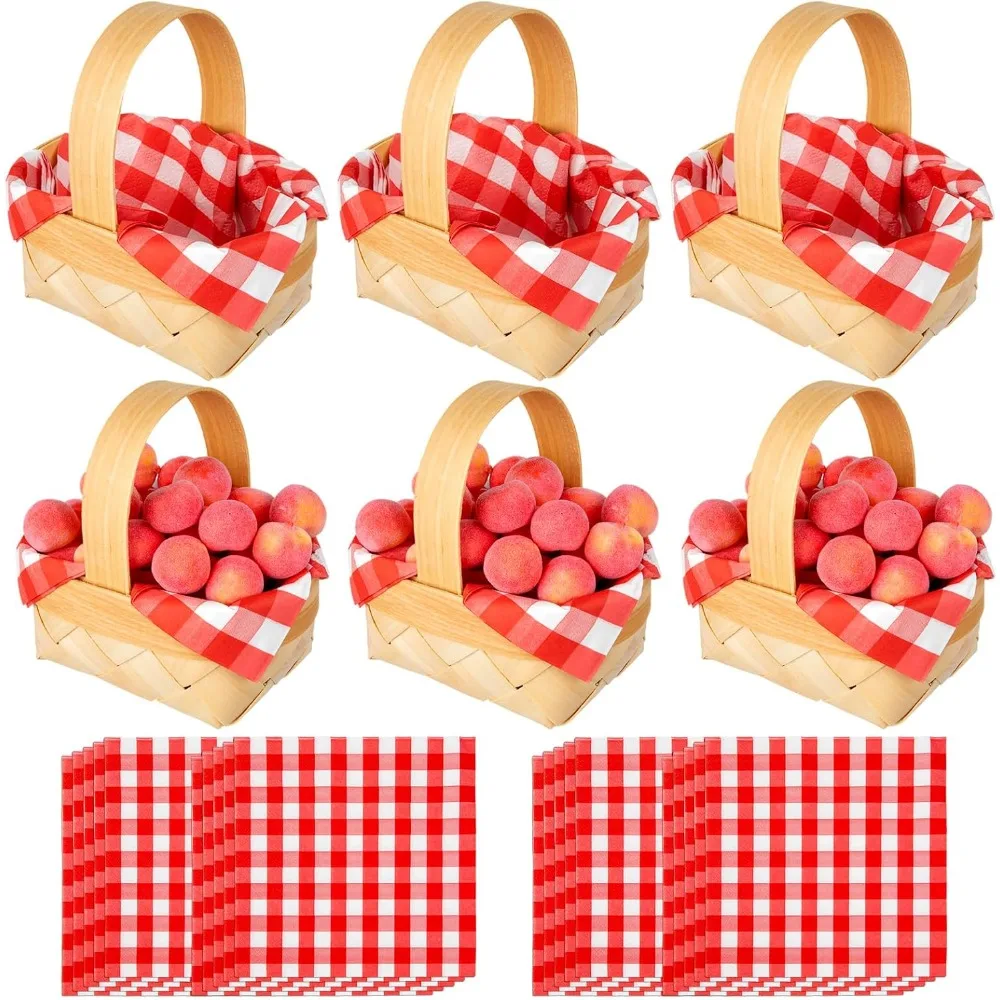 6 uds mini cestas tejidas con asas 20 hojas servilletas de papel de guayán rojo virutas de madera pequeñas flores cestas de picnic de frutas para boda