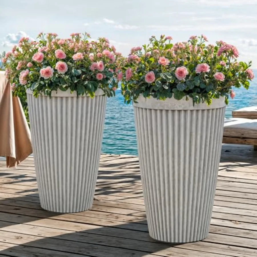 

20 Tall Planters Set of 2 High-Density Resin Fluted Outdoor Pots for Plants Gray UV-Resistant Weatherproof for Patio Garden Por