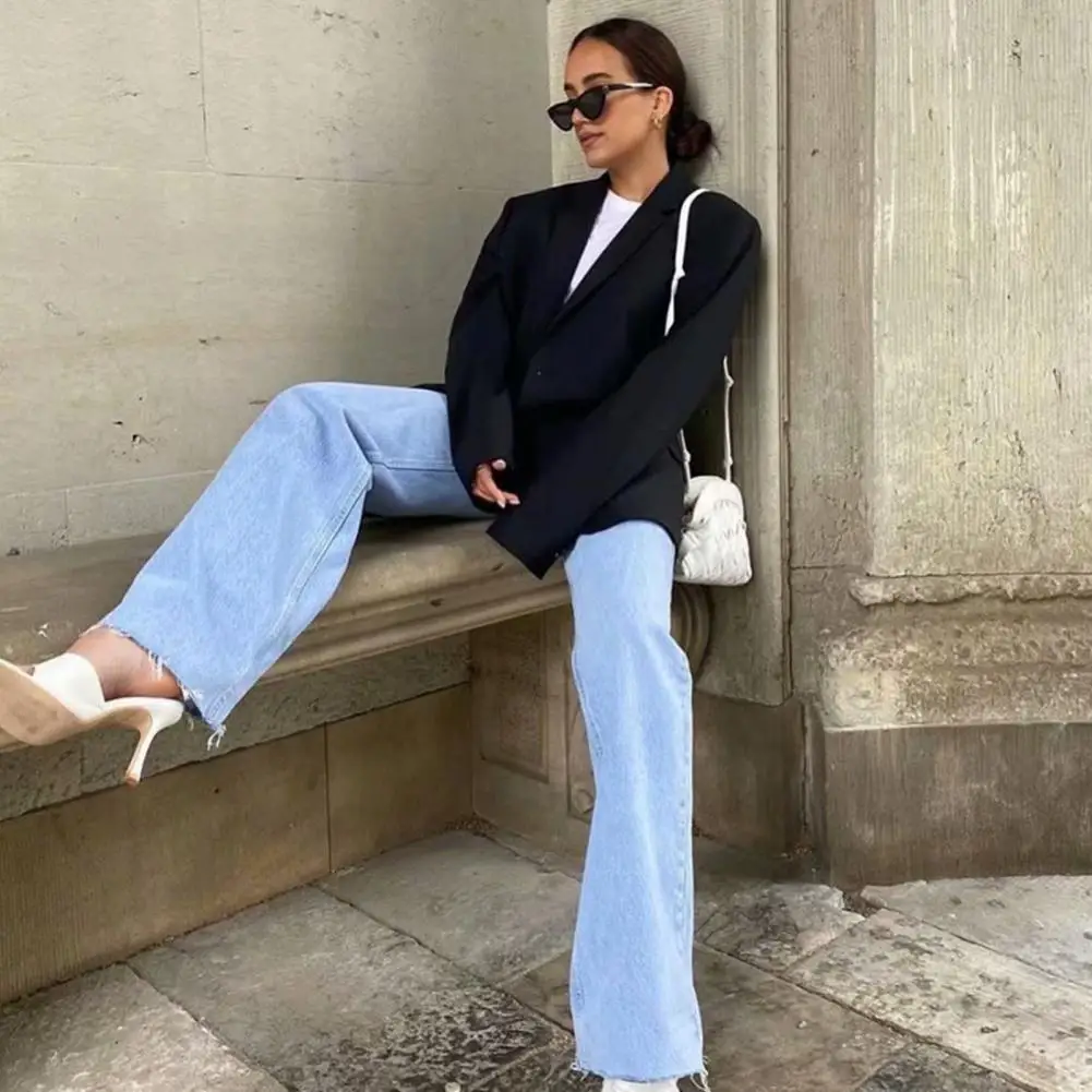 Stylish Denim Pants Full Length Shrink-resistant Casual Pants Women Straight Wide Leg Jeans