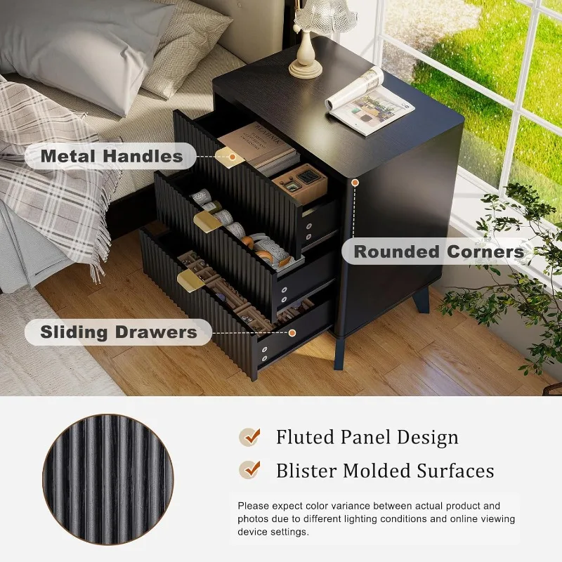 플루티드 나이트스탠드 3서랍 드레서, 모던 우드 침대 옆 테이블 곡선형 프로파일, 플루티드 드레서 & 우드 서랍