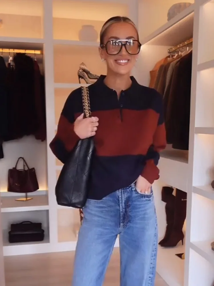 

HH New Woman Autumn And Winter Fashion Polo-Collar Striped Knitted Pullover Female Versatile Casual Commuting Sweater Pullover