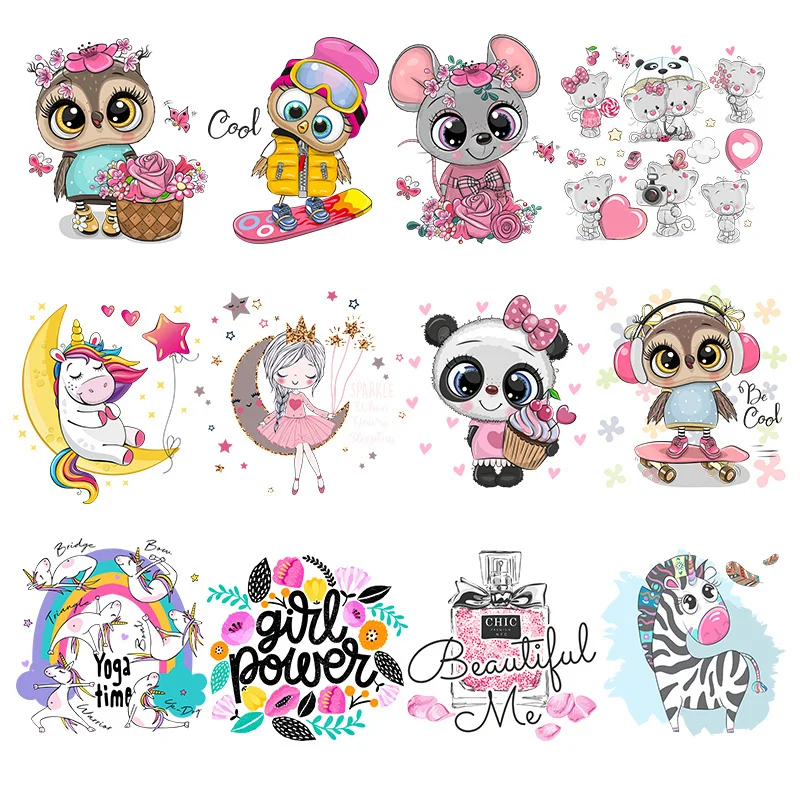 Cute forest animal bird and unicorn heat transfer Stickers DIY Iron On decoration accessories on the beautiful princess dress