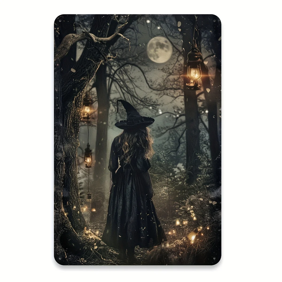 Enchanted Forest Witch Vintage Metal Wall Decoration -  Waterproof And Weatherproof Black Poster, Moonlight Trail, Lantern F