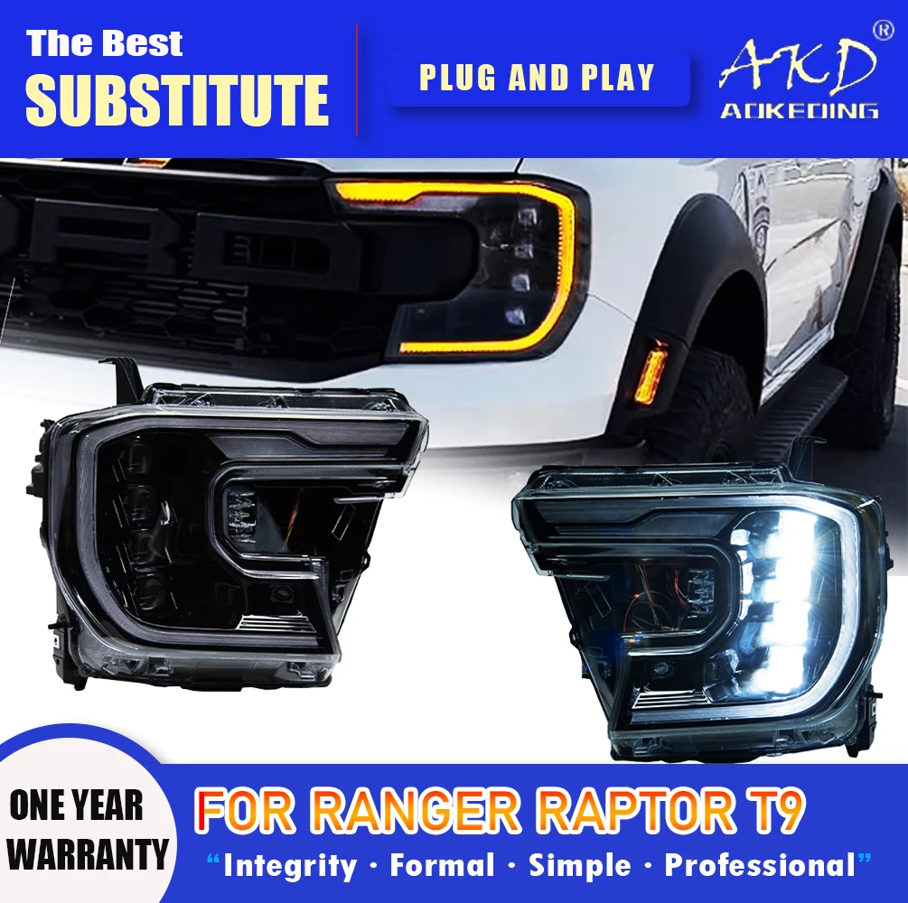 AKD Head Lamp for Ford Ranger Raptor T9 LED Headlight 2023 Headlights Ranger DRL Turn Signal High Beam Angel Eye Projector