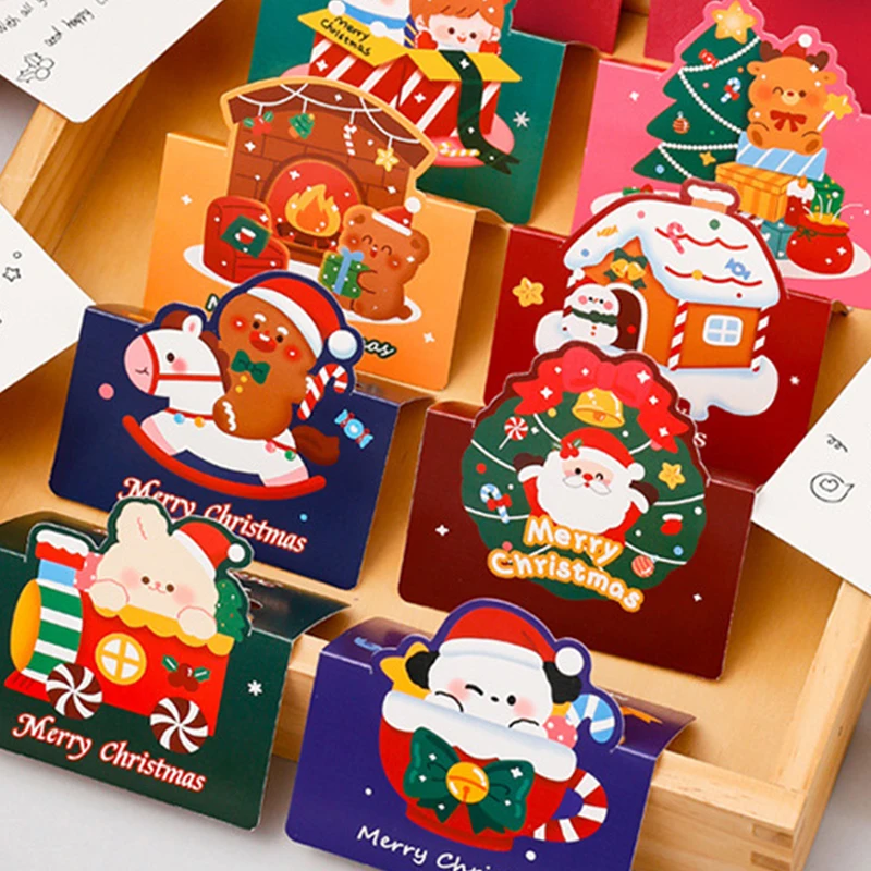 귀여운 3D 접이식 크리스마스 테마 인사 카드, 귀여운 축복 봉투, 쓰기 용지, DIY 휴일 선물 메시지 카드, 5 개/세트