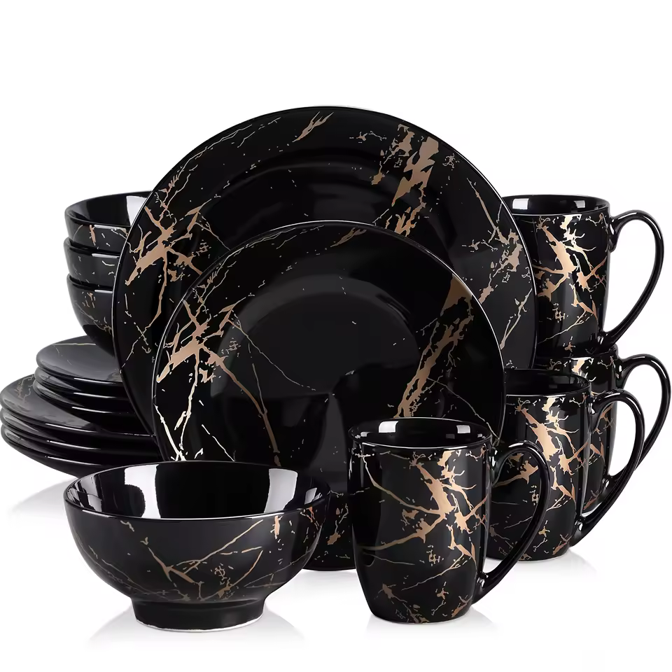MALACASA marble black tableware set, 16-piece porcelain tableware set, dinnerware set plates and bowls, cups and saucers