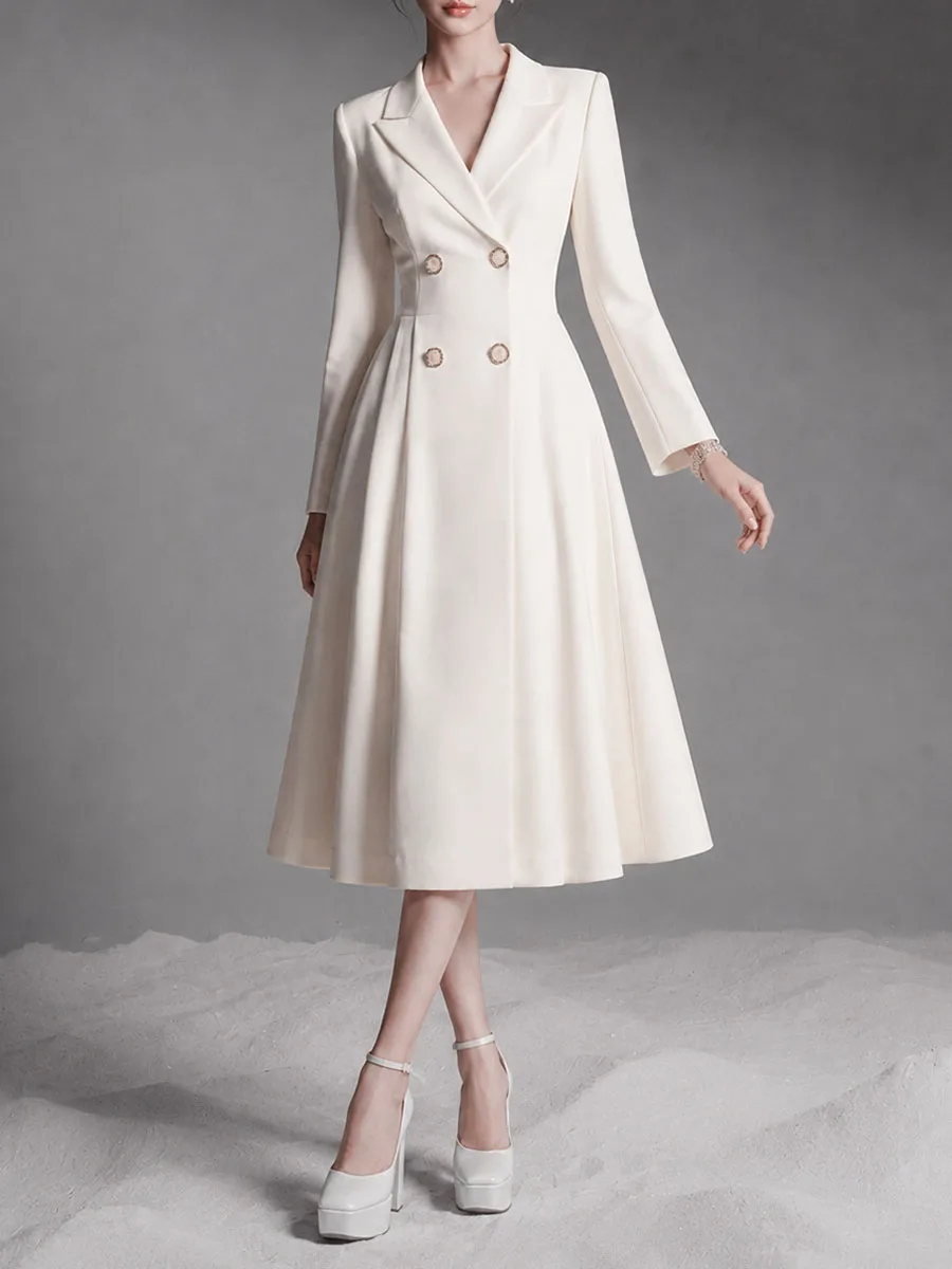 TWOTWINSTYLE Solid Spliced Double Breasted Slimming Dress for Women Lapel Collar Long Sleeve Temperament Midi Dresses Female New